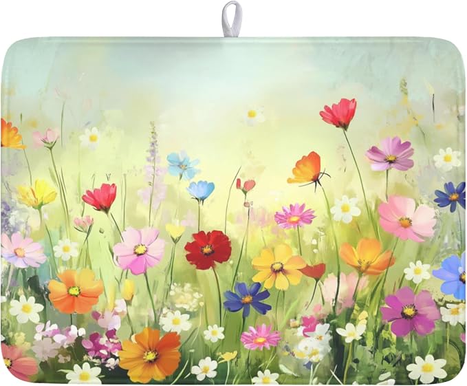 Spring Summer Daisy Dish Drying Mat 18 x 24 Inch Colourful Floral Pattern Dish by Unknown