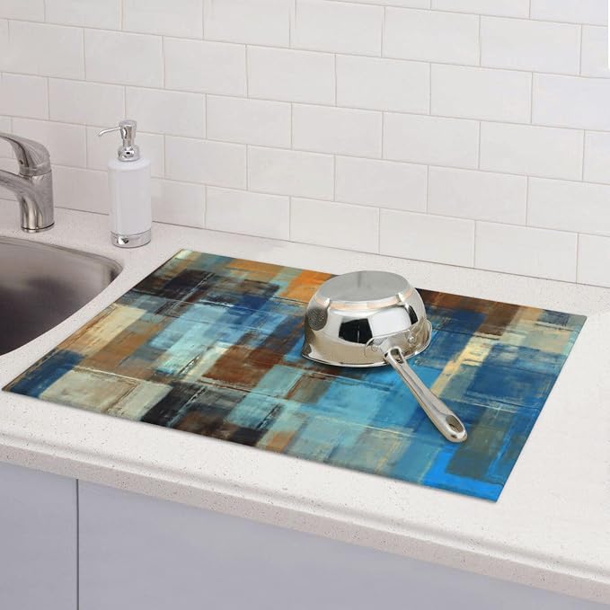 Modern Abstract Art Dish Drying Mat Blue Brown Gradient Painting Geometric - Image 6