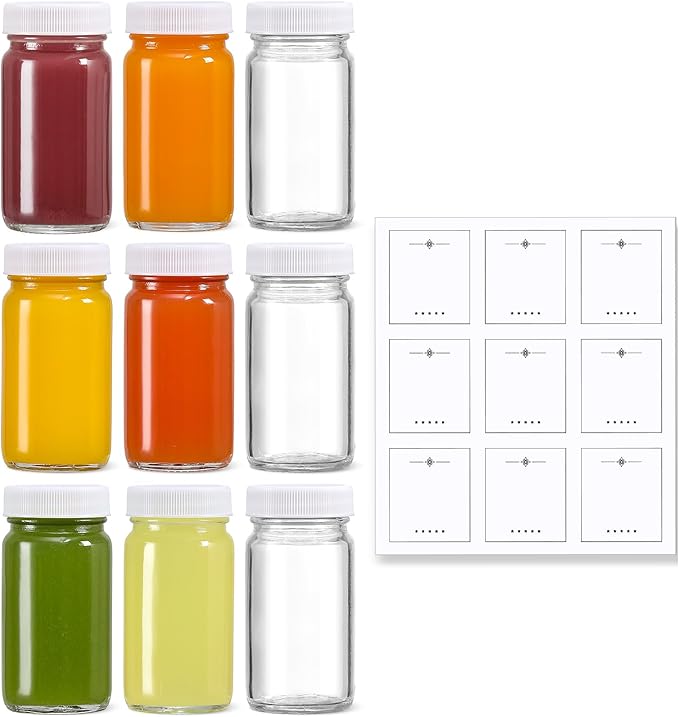 9 Pack 2 oz Glass Shot Bottles w/ White Lids & 9 Labels by MakeLifeBetterEasier