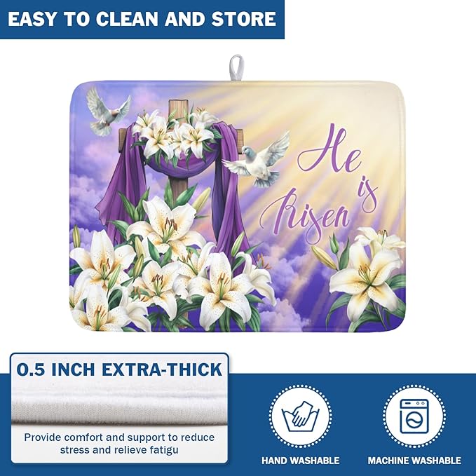 Easter Dish Drying Mat for Kitchen Counter He is Risen Cross Floral Purple - Image 5