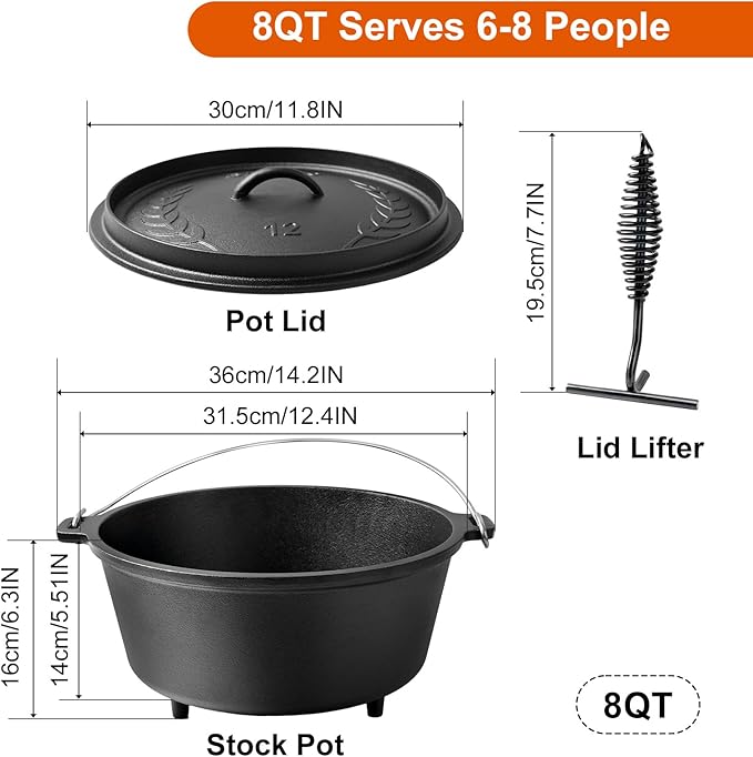 8QT Pre-Seasoned Cast Iron Camp Dutch Oven - Image 2