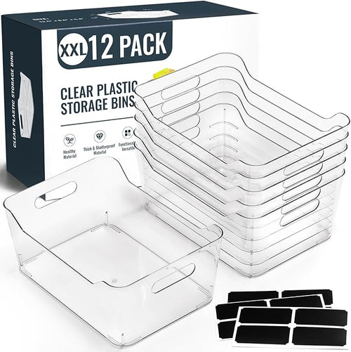 12 PACK Multi-Use Clear Plastic Storage Bins by MakeLifeBetterEasier