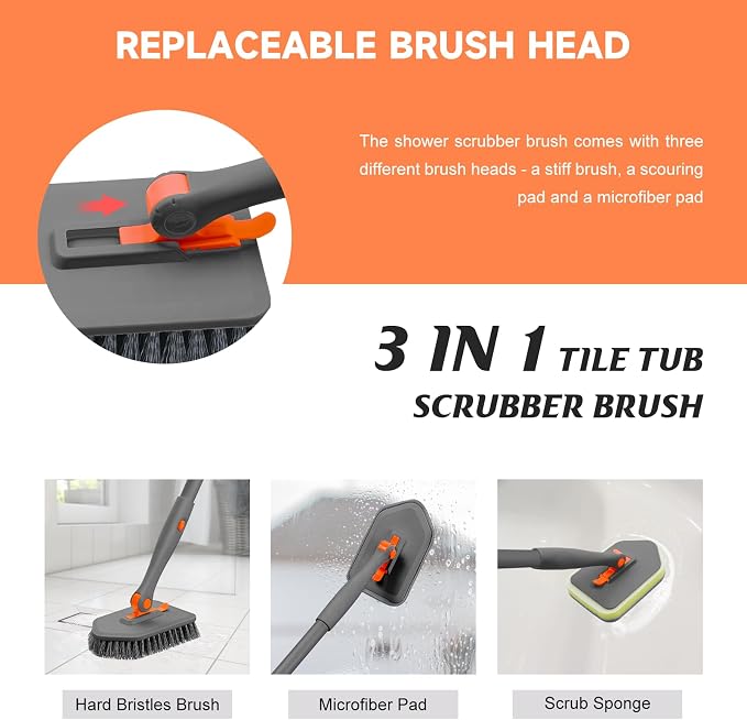 nacena Shower Scrubber with Long Handle, 3 in 1 Tile Tub Scrubber Brush with 3 - Image 4