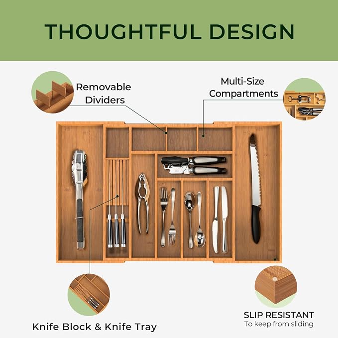 keechee Carbonized Large Bamboo Kitchen Drawer Organizer, 12 Slots Expandable - Image 6