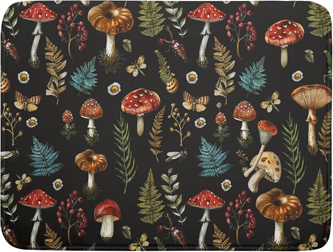 Natural Botanical Dish Drying Mat Mushroom Fern Leaves Berry Drainer Mat Black by Giwawa
