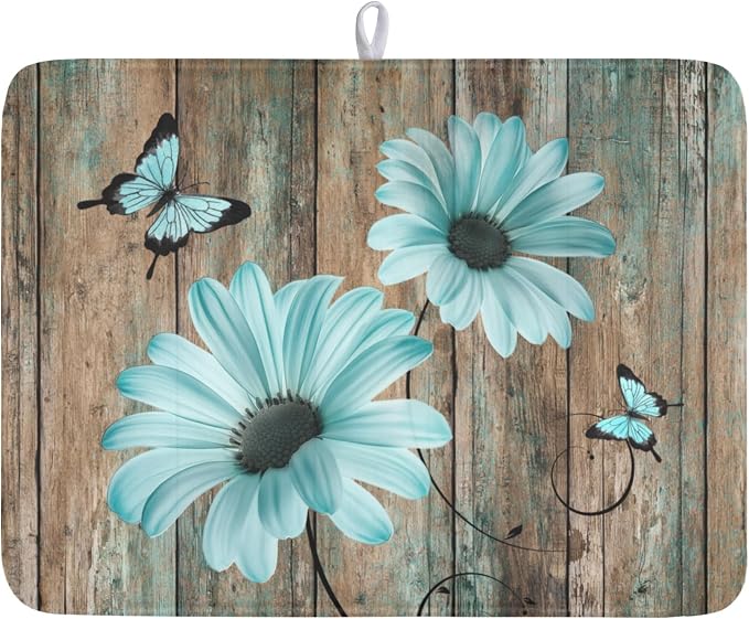 Teal Sunflowers Drying Mat 24x18 Inch, Summer Wooden Board Drying Mat by Trongr