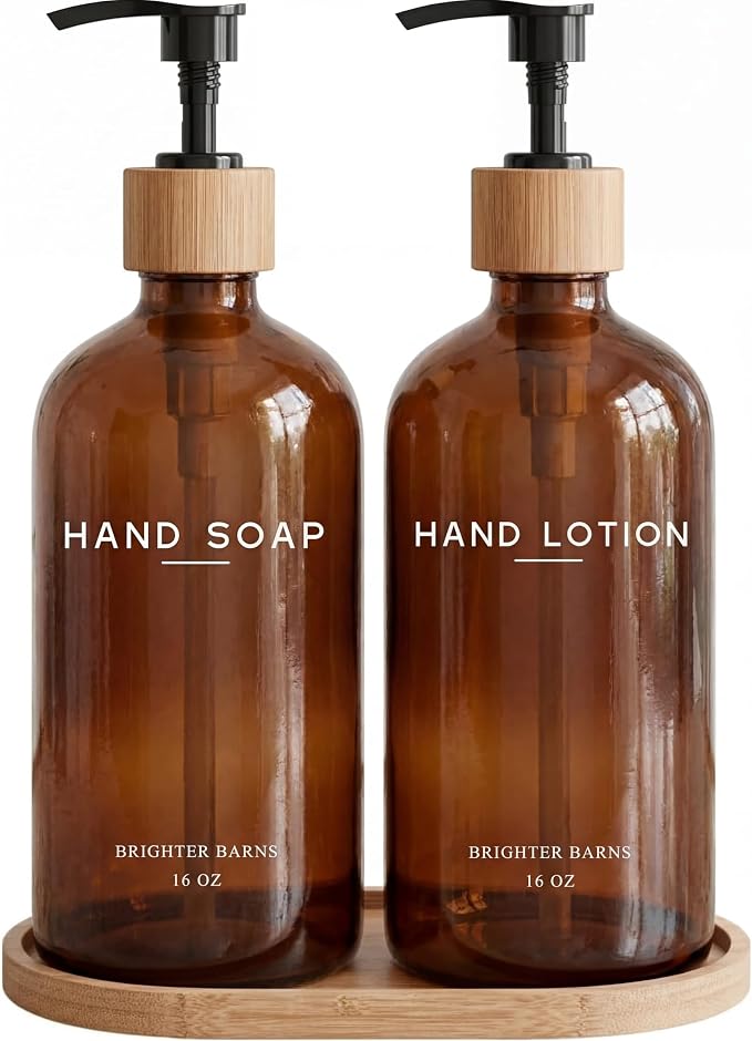 Amber Glass Soap and Lotion Dispenser Set by BrighterBarns