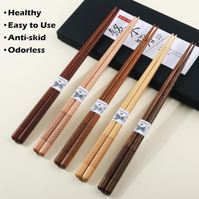 Reusable Chopsticks，GLAMFIELDS Japanese Natural Wooden 5 Pairs Hand-Carved - Image 3