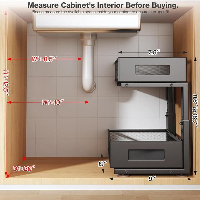 1 Pack 19IN Depth Under Sink Organizer, 2-Tier Pull Out Cabinet Organizer - Image 2