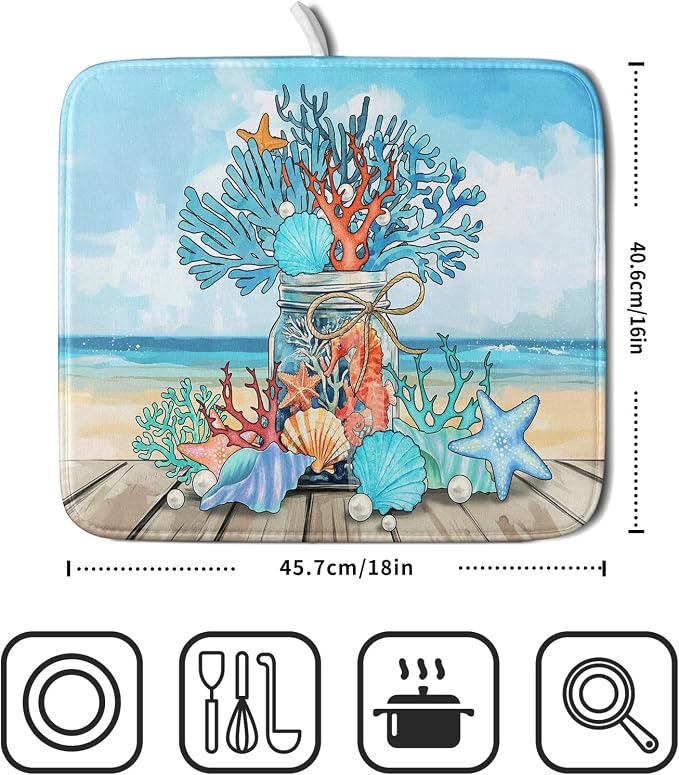 Coastal Coral Dish Drying Mat 16x18 inch Starfish Shell Fast Dry Microfiber - Image 2
