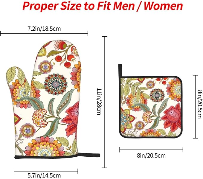 Boho Floral Oven Mitts and Pot Holders Sets of 3 Heat Resistant Hot Pads - Image 4