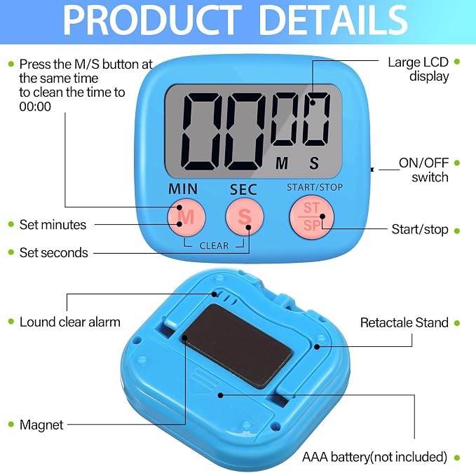 Leumoi 24 Pcs Digital Kitchen Timers Bulk Small Magnetic Timer On/Off Switch - Image 3