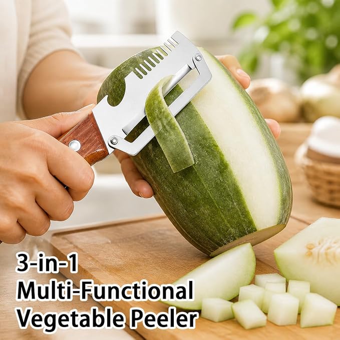 2 Pack MultiFunctional Vegetable Peeler, 3 in 1 Multi Functional Wooden Handle - Image 2