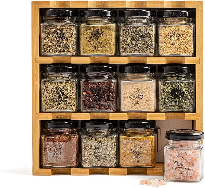 TILZ GEAR Wooden 3-Tier Spice Rack, 12 Filled Glass Jars, 12 Organic Spices - Image 3