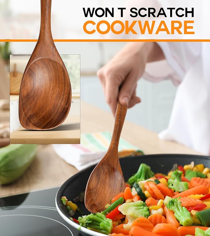 Wooden Spoons for Cooking, Natural Premium Teak Wood Corner Spoon, Good Grip - Image 4