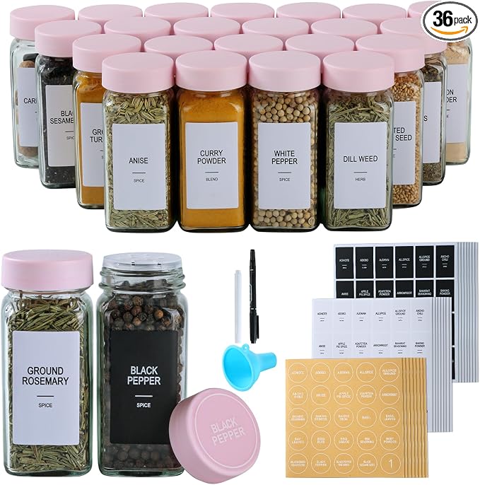 36 Glass Spice Jars with Labels, Spice Jar Set, 4oz Seasoning Containers by Unknown