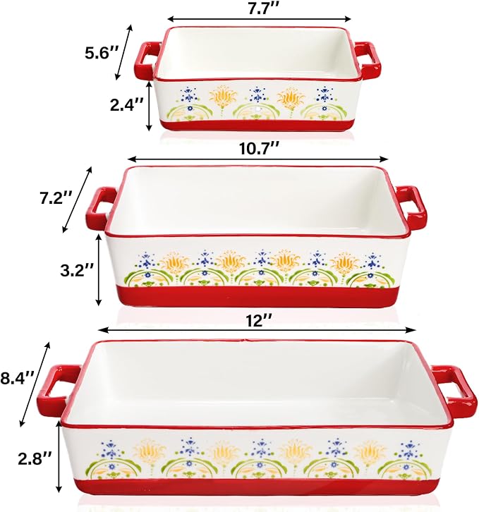 WRINGKIT Set of 3 Ceramic Baking Dishes, Rectangular Casserole Dish - Image 2