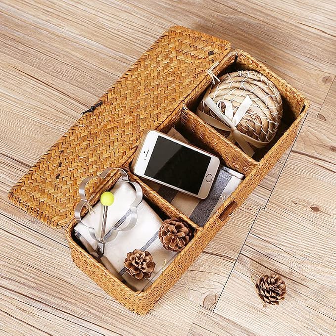 Seagrass Tank Basket with Lid Woven Toilet Roll Storage Basket with Sections - Image 9
