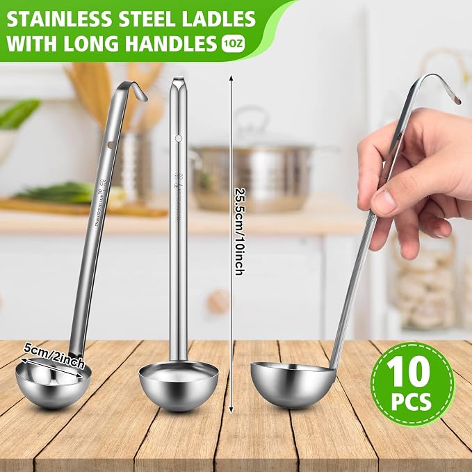 Potchen 10 Pcs Stainless Steel Soup Ladle Set Small Ladle Sturdy Long Handle - Image 2