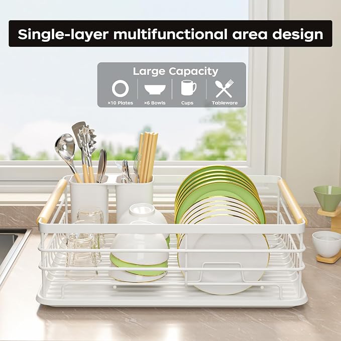Dish Racks for Kitchen Counter: Wooden Handles, Thickened Metal, No Assembly. - Image 2