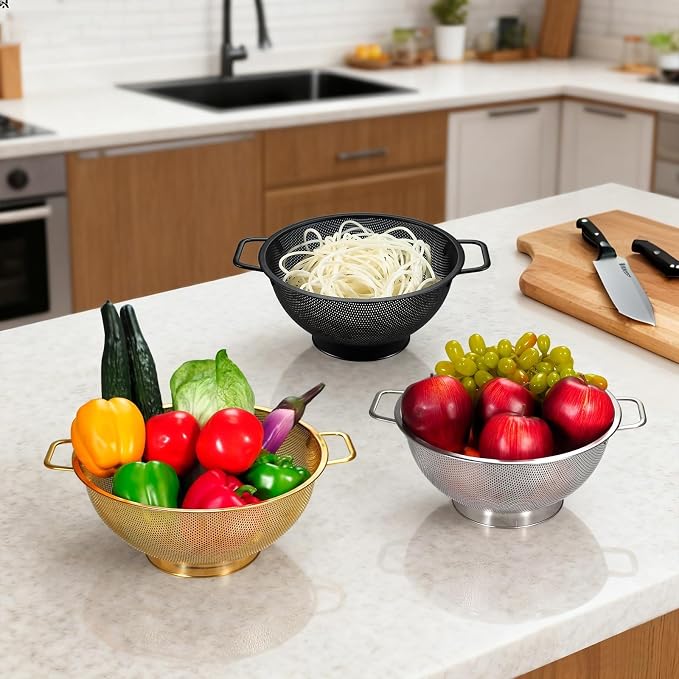 3PCS Three Colors Mix Colander Set, 3QT Black & 4QT Silver & 5QT Gold, - Image 3