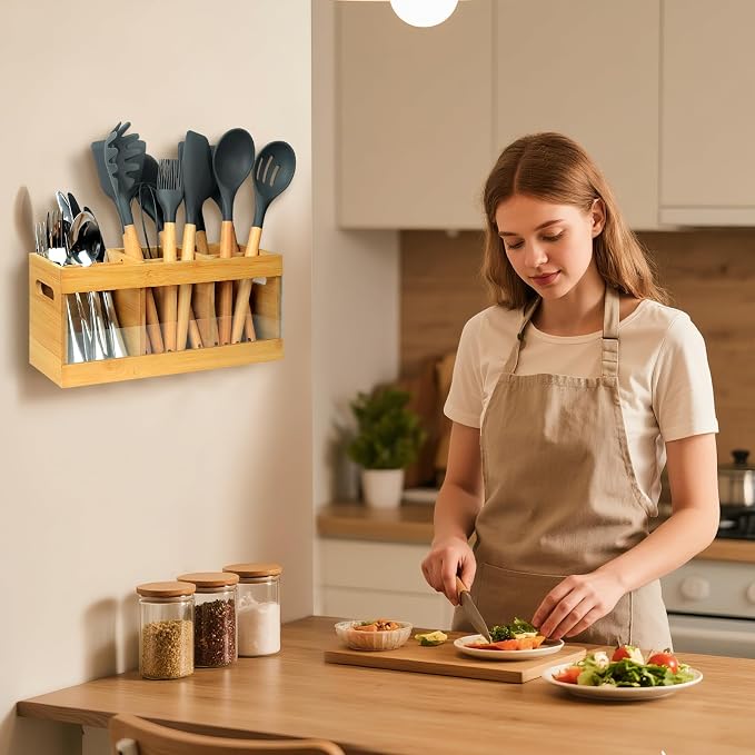 Kitchen Utensil Holder for Counter Extra Large Bamboo Wooden Utensil Organizer - Image 7