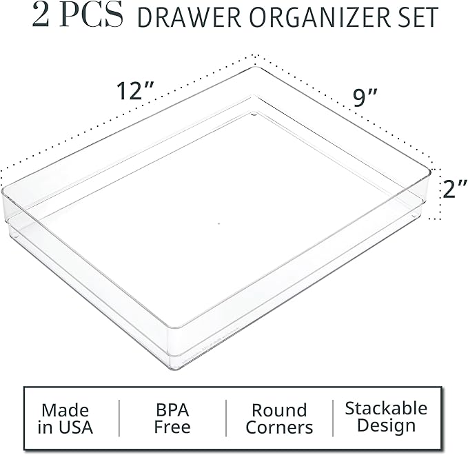 STORi SimpleSort 2-Piece Stackable Clear Drawer Organizer Set | 12" x 9" x 2" - Image 2