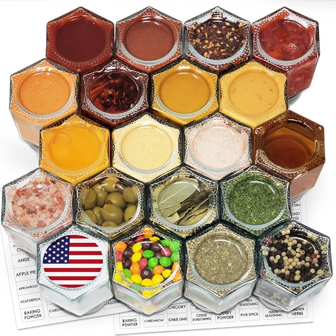 20 Pack Magnetic Spice Jars Large 4 oz Refrigerator Hexagon Glass Spice Jars by CROSS+HOMES