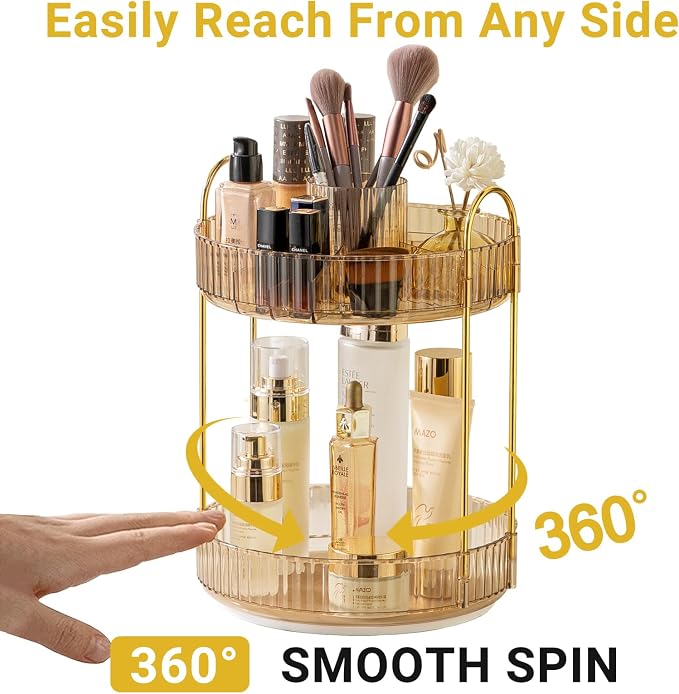 Asayuee 360 Rotating Makeup Organizer, 2 Tier Large Capacity Make Up Organizers - Image 3