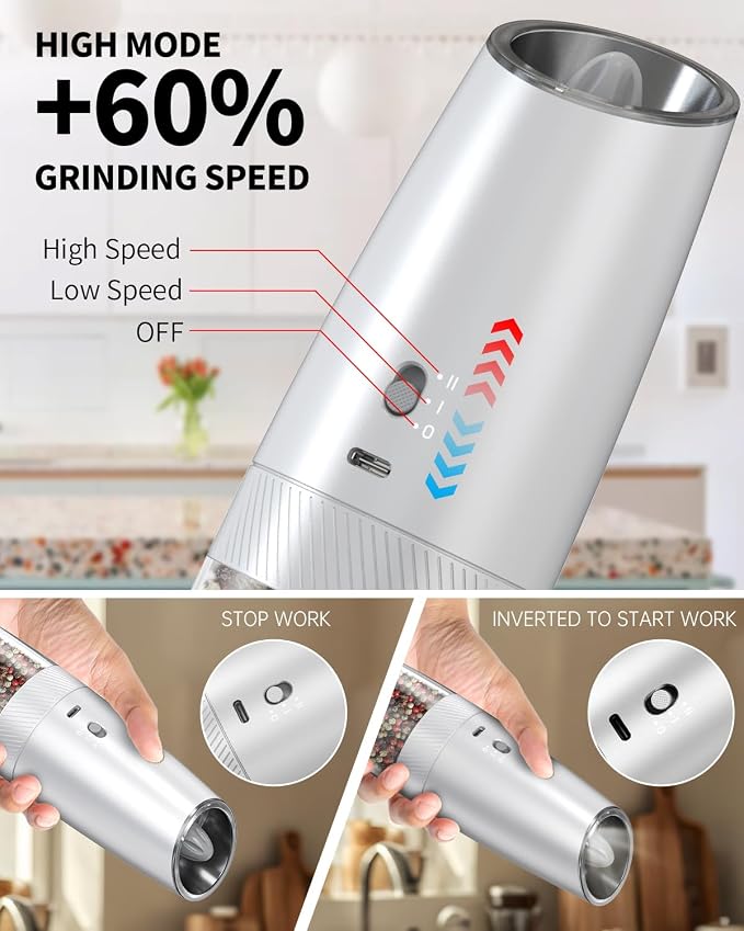 CIRCLE JOY 2-Speed Gravity Electric Pepper Grinder, Rechargeable Salt Grinder - Image 3