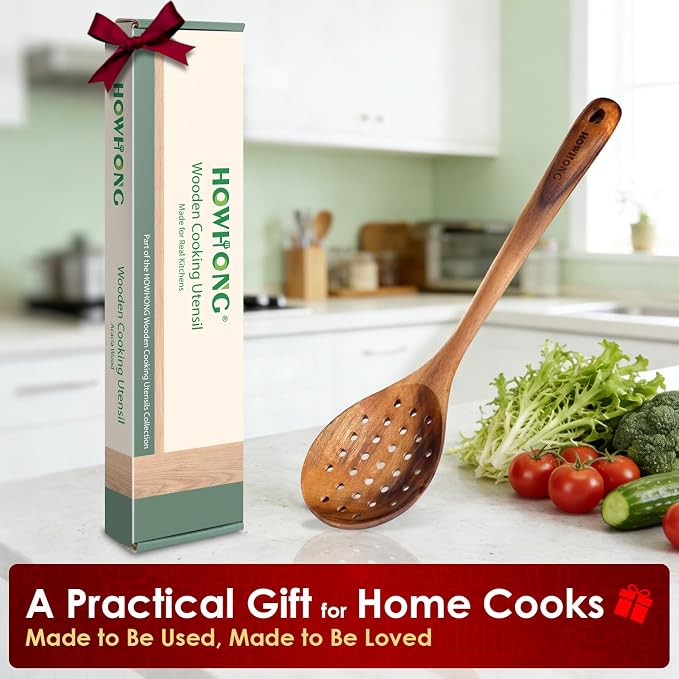 HOWHONG Slotted Spoon Wooden Cooking Utensil, Long Handle Acacia Wood Spoon - Image 7