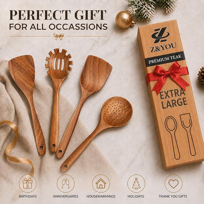 Extra-Large 4-Piece Teak Wooden Utensil Set – Non-Stick Wooden Spatula - Image 7