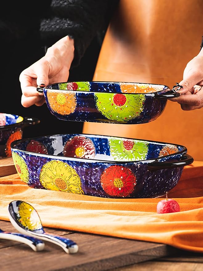 Vintage Style Pottery Bakeware Colorful Daisy Pattern Ceramic Casserole Dish - Image 3