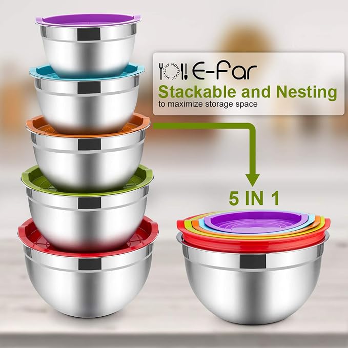 E-far Mixing Bowls with Lids Set of 5, Stainless Steel Mixing Bowls Metal - Image 7