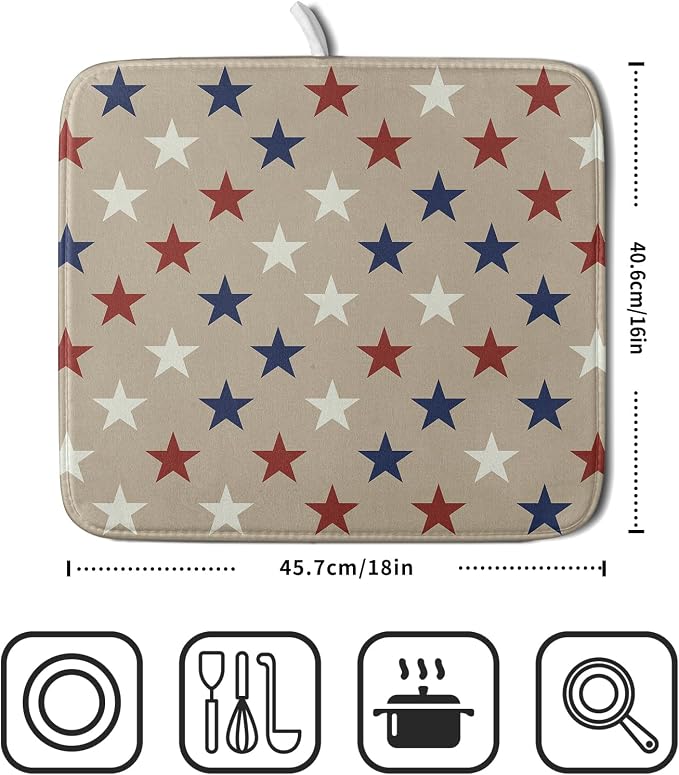 Patriotic July of 4th Blue Red White Star Dish Drying Mat - Image 2