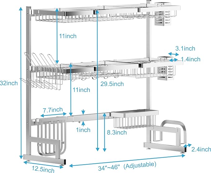 PUSDON Over Sink Dish Drying Rack Stainless Steel, Adjustable Large Dish Drainer - Image 3