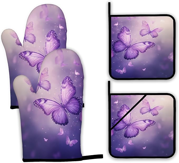 Purple Butterfly Oven Mitts and Pot Holders Set, Sparkling Kitchen Oven Gloves by Unknown
