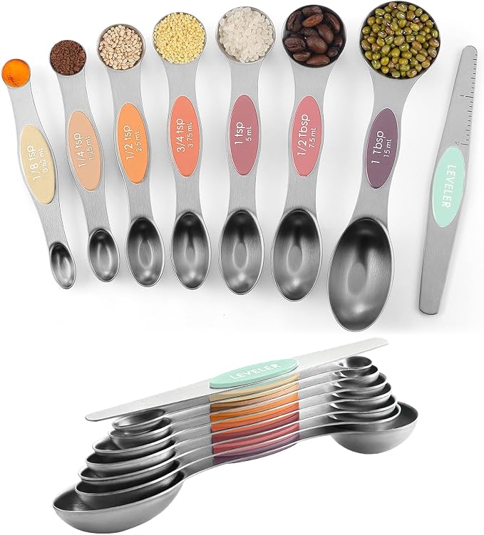 ChefAide Pack of 8 Stainless Steel Magnetic Measuring Spoons Set, Dual Sided by ChefAide