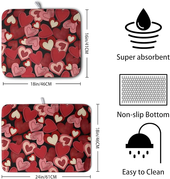Valentine Dish Drying Mat for Kitchen Counter Red Black Love Heart Drying Pad - Image 2
