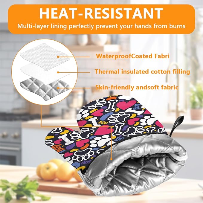 Paw Prints Oven Mitts and Pot Holders Sets 4Pcs, Extra Long Oven Gloves - Image 3