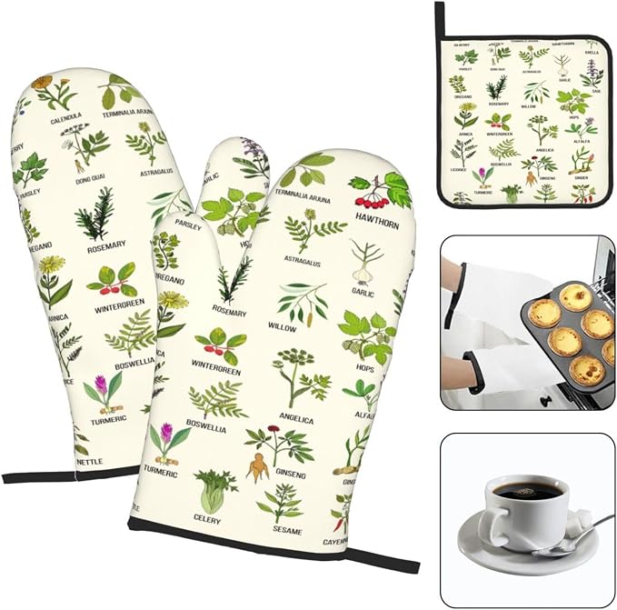 Cute Herbs Botanic Garden Plants Oven Mitts and Pot Holders Sets Heat Resistant - Image 3
