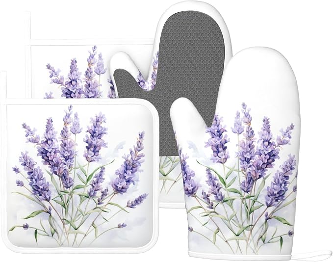 Oven Mitts and Pot Holders Lavender Watercolor Flower Floral Silicone Kitchen by DADABULIU