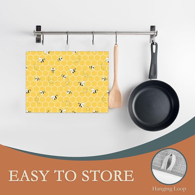Yellow Bees Dish Drying Rack Mats Decor, Honey Honeycombs Dish Pad Drying Mat - Image 3