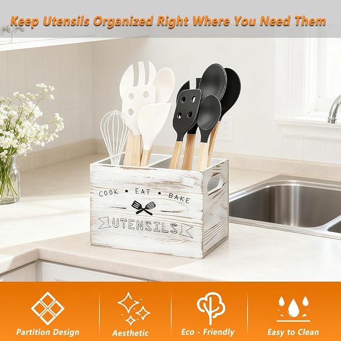 Retro White Wood Kitchen Utensil Holder - Image 2