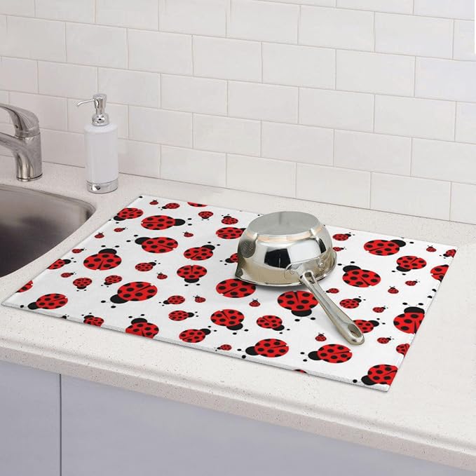 Red Ladybug Dish Drying Mat Cute Small Dots Fun Animal Themed Drying Rack Pad - Image 6