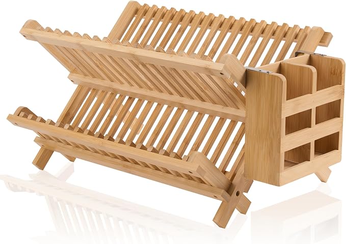 NOVAYEAH Bamboo Dish Drying Rack-2 Tier, Collapsible Small Dish Rack by NOVAYEAH