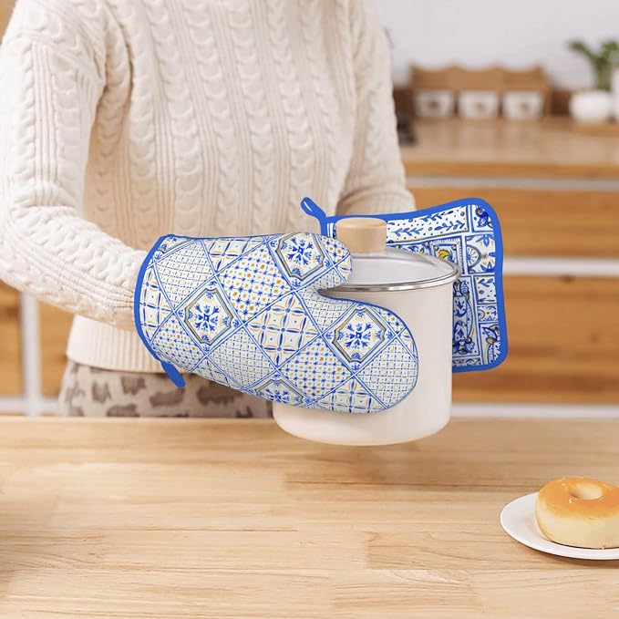 Blue Boho Geometric Silicone Oven Mitts Pan Mats Set of 2, Heat Resistant - Image 7
