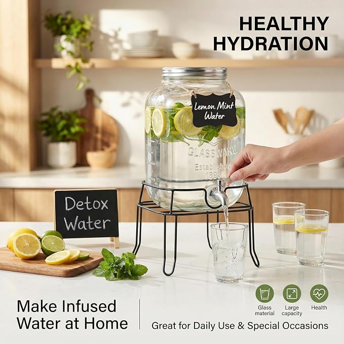 2 Gallon Glass Drink Dispenser, Beverage Dispenser - Image 3