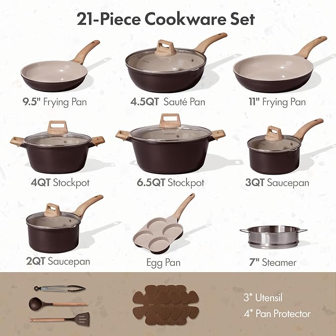 CAROTE 21 PCS Ceramic Cookware Set, Pots and Pans Set Non Stick, Pot and Pan Set - Image 2