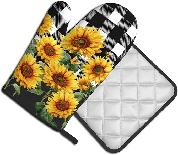 Sunflower Oven Mitts and Pot Holders Sets of 2 Buffalo Plaid Kitchen Mitts - Image 2
